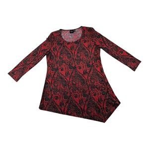 Rafaella S Glitter Red‎ Black Damask Print Stretch Knit Dress Long Sleeve